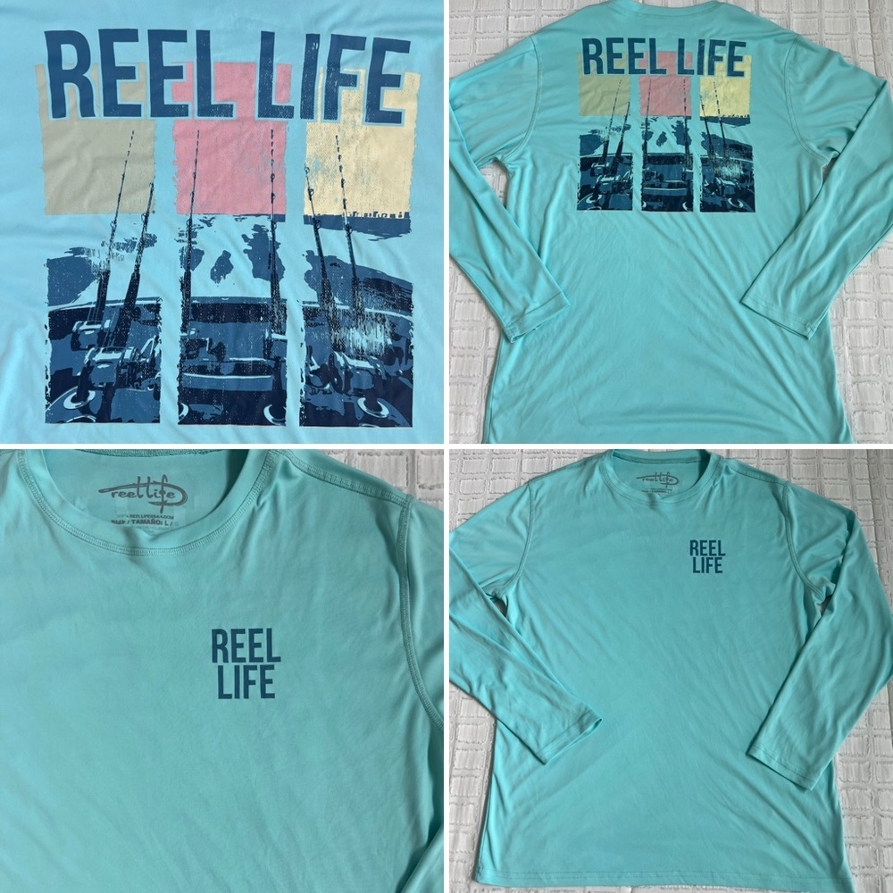 Reel Life Graphic Sun Ray Defender UPF 50 Blue Long Sleeve Shirt Size L
